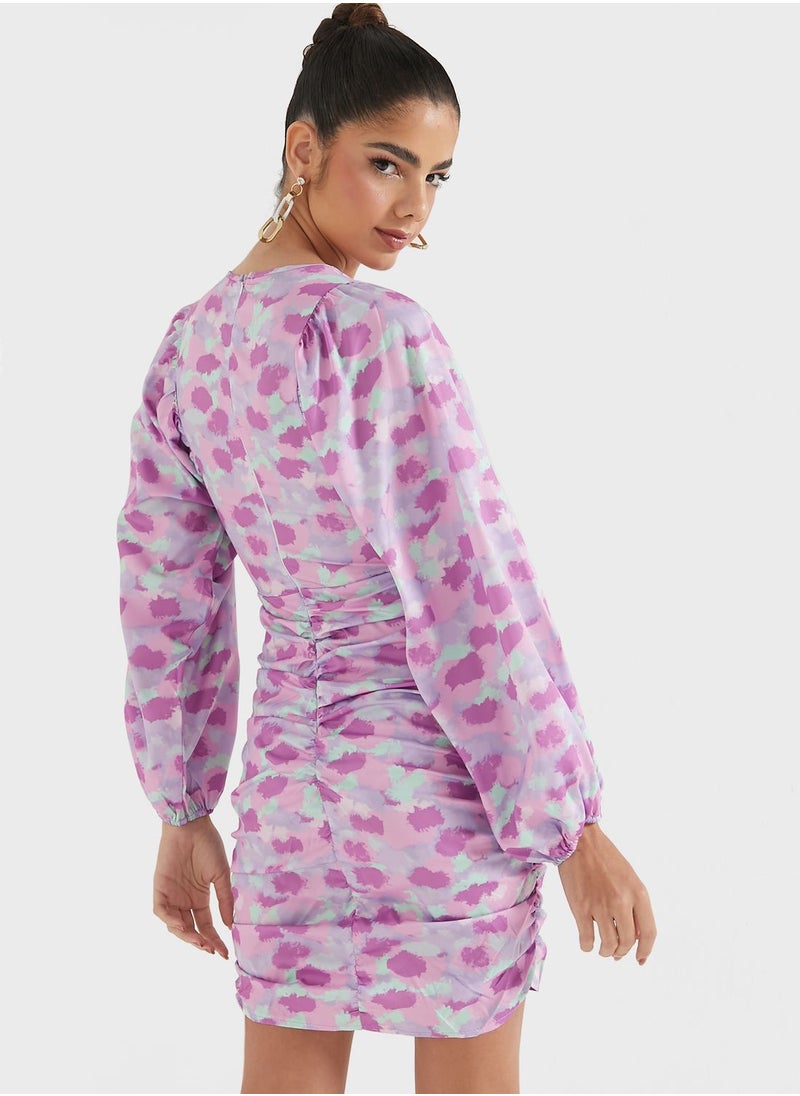 Ginger - Printed Plunge Puff Sleeve Dress - Image 1