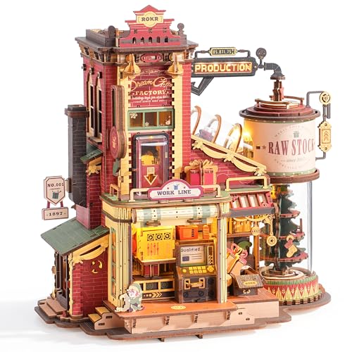ROKR 3D Puzzle for Adults Christmas Dream Gift Factory Wooden Model Kit Luminous Factory DIY Dollhouse Kit Building with Music Lights and 5 Elves for Adults - Image 1