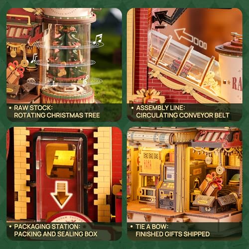 ROKR 3D Puzzle for Adults Christmas Dream Gift Factory Wooden Model Kit Luminous Factory DIY Dollhouse Kit Building with Music Lights and 5 Elves for Adults - Image 5