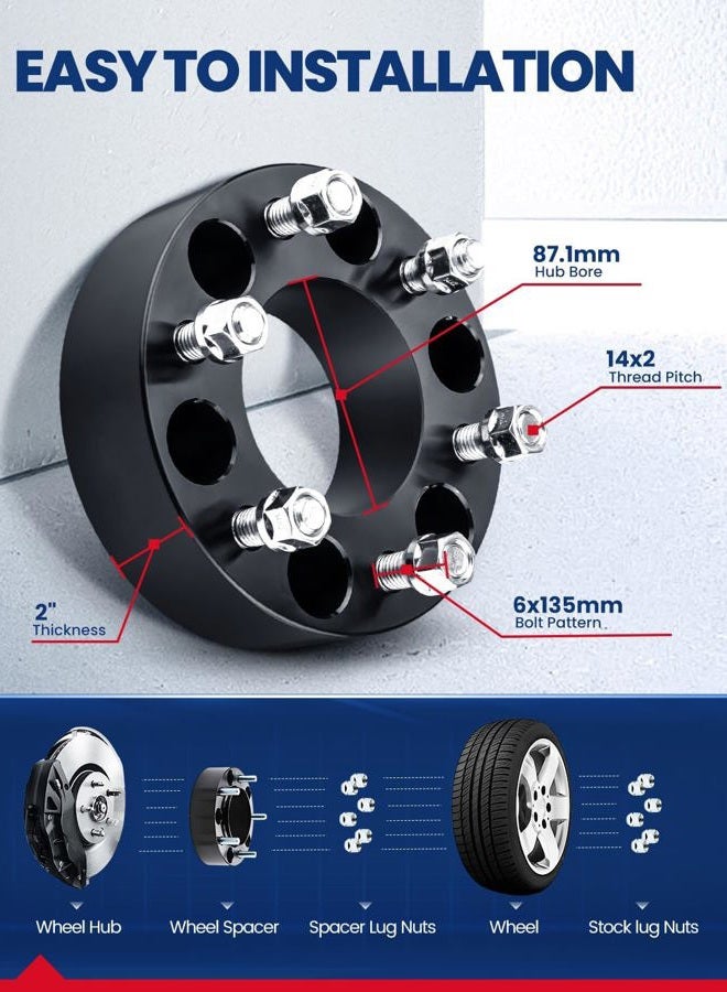 KAX 6x135mm Wheel Spacers,Forged 2 inch 6 Lug Centric Wheel Spacer with M14x2 Studs 87.1mm Hub Bore,fit for F-150,Expedition,Navigator,Mark LT,4pcs - Image 2