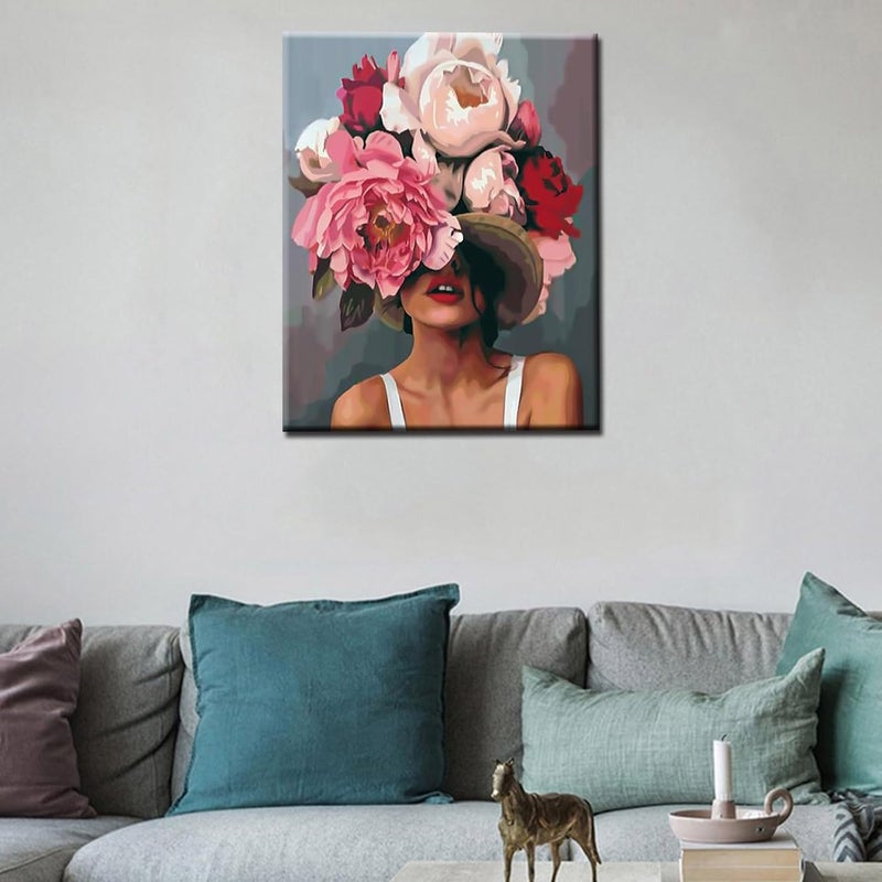 Tucocoo توكوكو فتاة مع زهور على الرأس رسم بالأرقام للبالغين شخصية أزياء سيدة رسم تجريدي زيت بالأرقام مجموعة رسم زيتية حديثة برأس سيدة مزهرة مع إطار 16W x 20H - Image 2