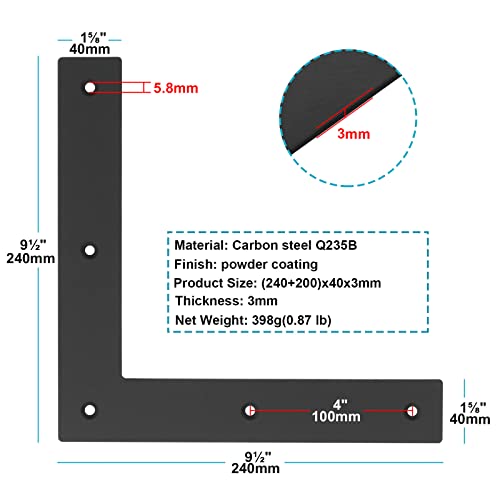 MOUNTAIN_ARK 6 Pack Black Flat L Bracket, 9-1/2" x 1-5/8" Steel Flat Corner Braces for Wood, 1/8" Thick - Image 2