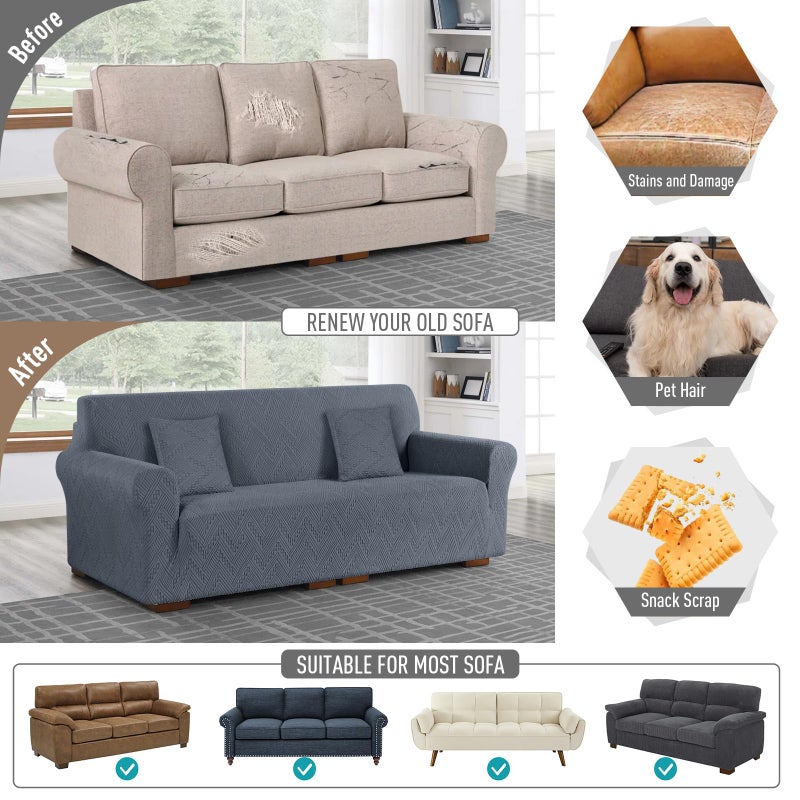 Ruaozz Stretch Sofa Cover 1 Piece Couch Covers for 3 Cushion Couch Non Slip Universal Sofa Slipcover Washable Soft Jacquard Furniture Protector with 2 pcs Throw Pillow Covers (3 Seater, Grey) - Image 5