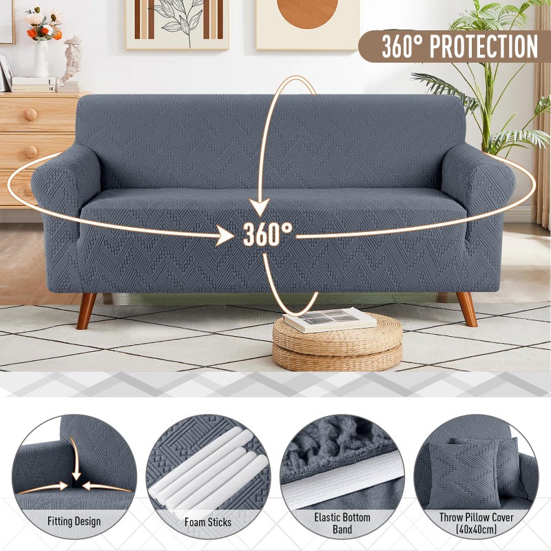 Ruaozz Stretch Sofa Cover 1 Piece Couch Covers for 3 Cushion Couch Non Slip Universal Sofa Slipcover Washable Soft Jacquard Furniture Protector with 2 pcs Throw Pillow Covers (3 Seater, Grey) - Image 3