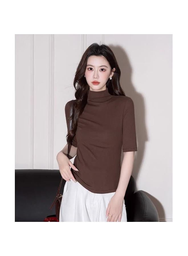 Don't speak Bieyu Women's Half Turtleneck Mid-sleeve T-shirt Early Autumn New Stylish Fitted Base Layer Top Black M - Image 3