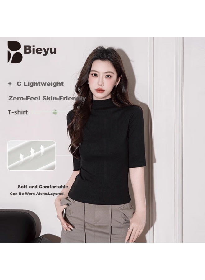 Don't speak Bieyu Women's Half Turtleneck Mid-sleeve T-shirt Early Autumn New Stylish Fitted Base Layer Top Black M - Image 1