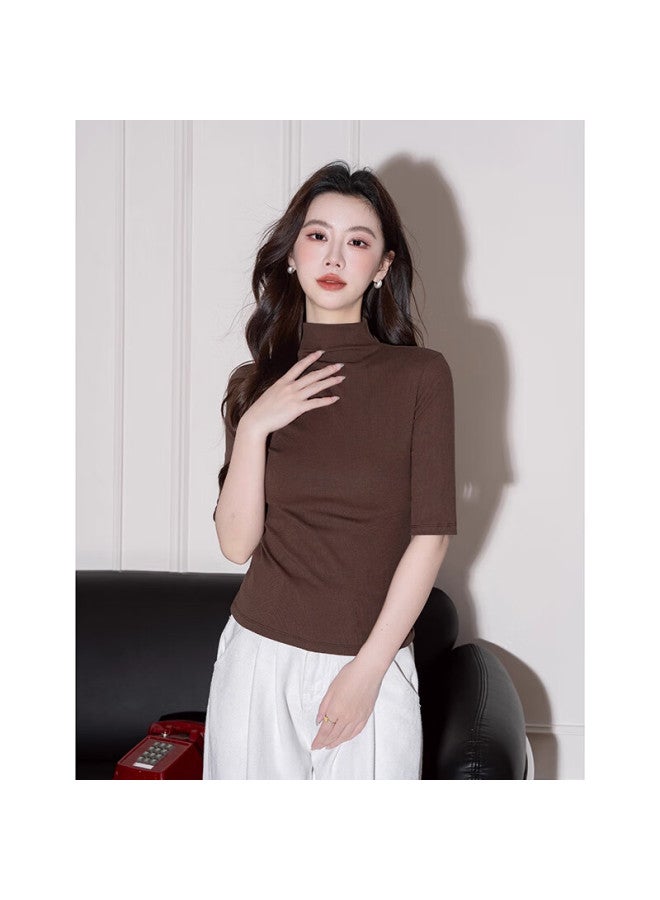 Don't speak Bieyu Women's Half Turtleneck Mid-sleeve T-shirt Early Autumn New Stylish Fitted Base Layer Top Black M - Image 2