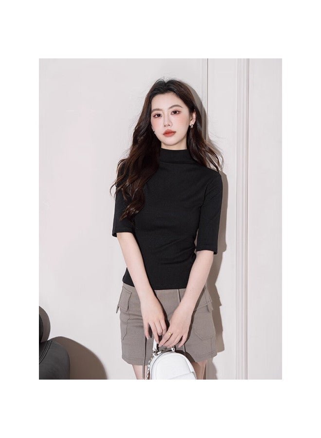 Don't speak Bieyu Women's Half Turtleneck Mid-sleeve T-shirt Early Autumn New Stylish Fitted Base Layer Top Black M - Image 4