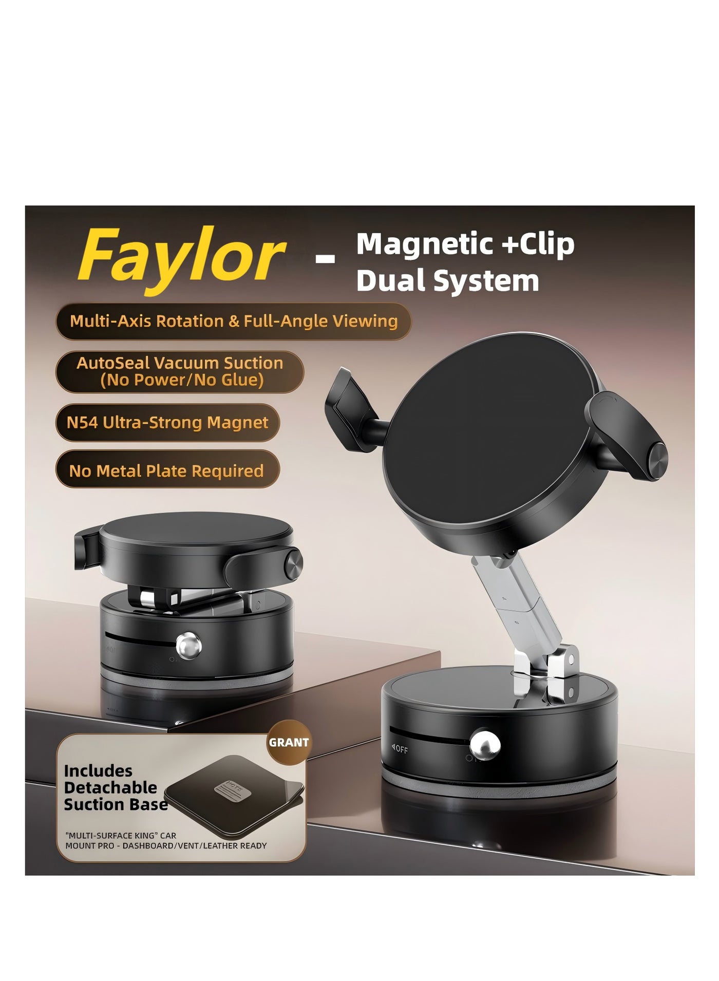 Vacuum Magnetic Car Phone Holder & Car Mount - 360° Rotating Foldable Suction Cup with Strong Magnet for Dashboard/Windscreen, iPhone 16/15/14, Samsung S25/24/23 - Black