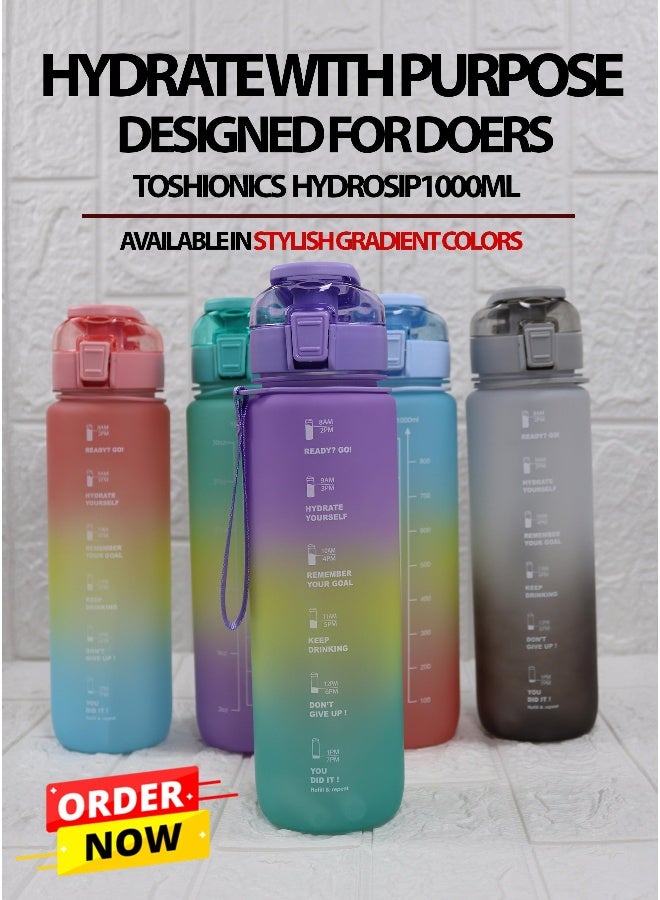 توشيونيكس زجاجة مياه رياضية تحفيزية سعة 1000 مل مع علامات زمنية، وغطاء يعمل بلمسة واحدة، وفوهة قلابة، وماصة مدمجة، وتصميم حزام حمل مزدوج وملصقات مجانية لطيفة - خالية من مادة BPA، وغطاء مانع للتسرب، وصديقة للبيئة، مصنوعة من البلاستيك، وقابلة لإعادة الاستخدام، وزجاجة مياه تذكيرية للشرب للبالغين والأطفال في المدرسة والمكتب والترطيب اليومي والصالة الرياضية واللياقة البدنية والأنشطة الخارجية والرياضة والسفر، زجاجة سعة 32 أونصة - Image 4