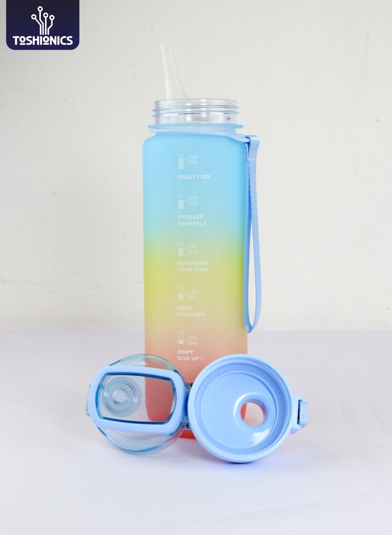 توشيونيكس زجاجة مياه رياضية تحفيزية سعة 1000 مل مع علامات زمنية، وغطاء يعمل بلمسة واحدة، وفوهة قلابة، وماصة مدمجة، وتصميم حزام حمل مزدوج وملصقات مجانية لطيفة - خالية من مادة BPA، وغطاء مانع للتسرب، وصديقة للبيئة، مصنوعة من البلاستيك، وقابلة لإعادة الاستخدام، وزجاجة مياه تذكيرية للشرب للبالغين والأطفال في المدرسة والمكتب والترطيب اليومي والصالة الرياضية واللياقة البدنية والأنشطة الخارجية والرياضة والسفر، زجاجة سعة 32 أونصة - Image 1