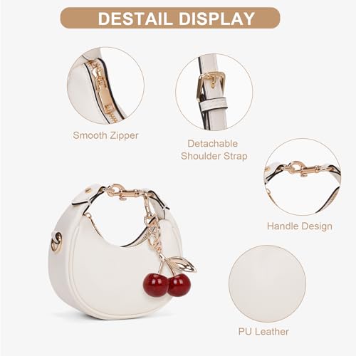 JQWSVE Small Top Handle Bags for Women Mini Purses Cute Ladies Handbags Crescent Mini Crossbody Bags with Cherry (A02 White) - Image 4