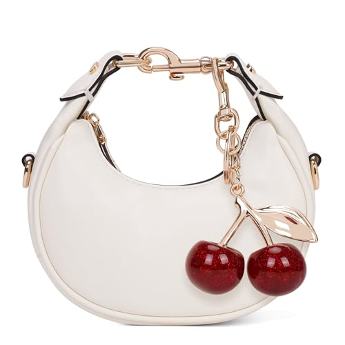 JQWSVE Small Top Handle Bags for Women Mini Purses Cute Ladies Handbags Crescent Mini Crossbody Bags with Cherry (A02 White) - Image 1