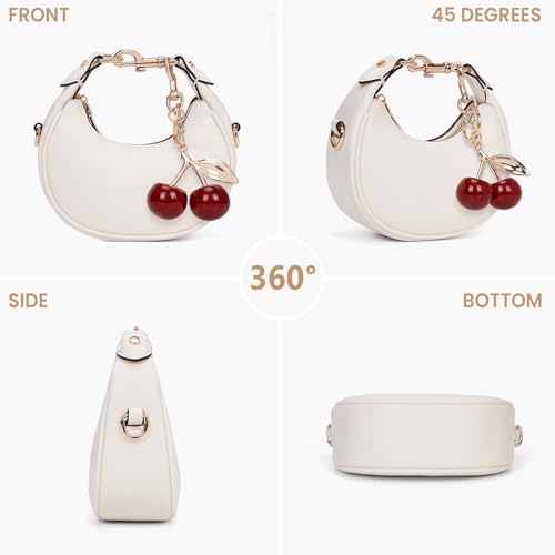 JQWSVE Small Top Handle Bags for Women Mini Purses Cute Ladies Handbags Crescent Mini Crossbody Bags with Cherry (A02 White) - Image 3
