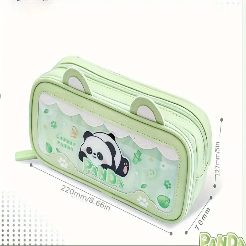 Parshya Pencil Pouch Double Layer EVA Cute Pencil Case Aesthetic Pencil Case for Girls Large Capacity Pen Pencil Pouch Multifunctional Stationery Organizer for School (New Green Panda) - Image 2