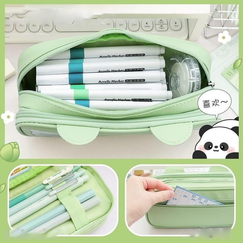 Parshya Pencil Pouch Double Layer EVA Cute Pencil Case Aesthetic Pencil Case for Girls Large Capacity Pen Pencil Pouch Multifunctional Stationery Organizer for School (New Green Panda) - Image 4