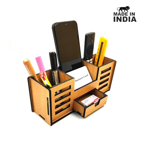 Woodkey Wooden Desk Organizer - Pen Stand with Drawers, Mobile & Card Holder | Multipurpose Office & Study Table Organizer for Pens, Pencils, Stationery & Desk Supplies 4 in 1 (Bavarian Beech) - Image 3