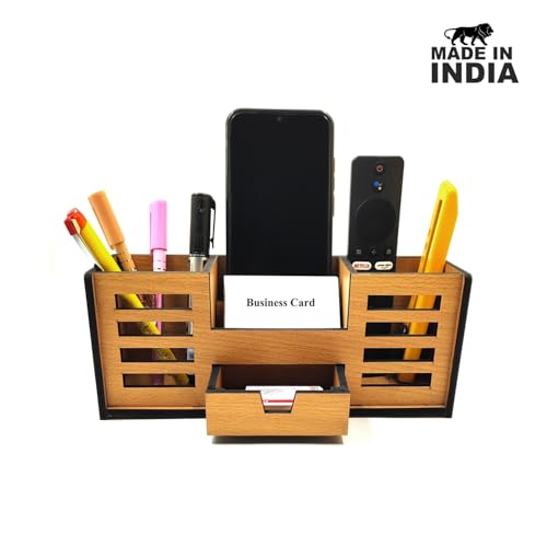 Woodkey Wooden Desk Organizer - Pen Stand with Drawers, Mobile & Card Holder | Multipurpose Office & Study Table Organizer for Pens, Pencils, Stationery & Desk Supplies 4 in 1 (Bavarian Beech) - Image 2