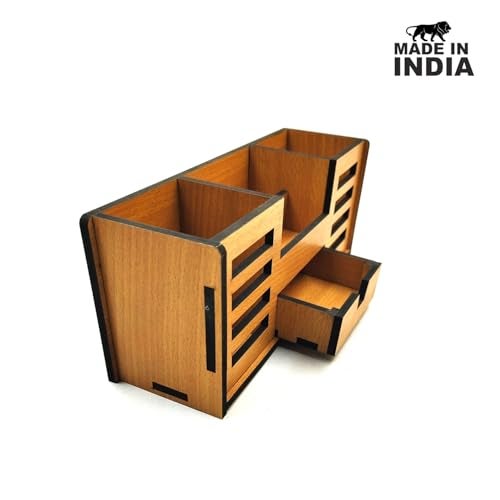 Woodkey Wooden Desk Organizer - Pen Stand with Drawers, Mobile & Card Holder | Multipurpose Office & Study Table Organizer for Pens, Pencils, Stationery & Desk Supplies 4 in 1 (Bavarian Beech) - Image 5