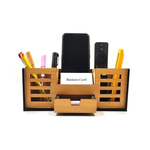 Woodkey Wooden Desk Organizer - Pen Stand with Drawers, Mobile & Card Holder | Multipurpose Office & Study Table Organizer for Pens, Pencils, Stationery & Desk Supplies 4 in 1 (Bavarian Beech) - Image 1