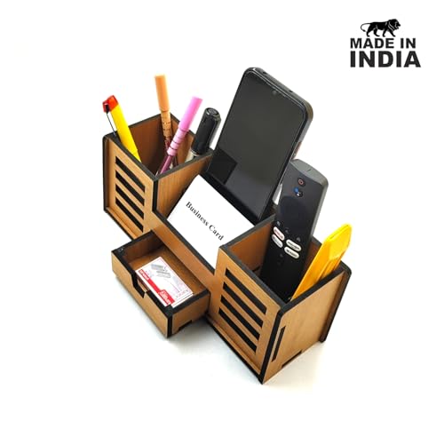 Woodkey Wooden Desk Organizer - Pen Stand with Drawers, Mobile & Card Holder | Multipurpose Office & Study Table Organizer for Pens, Pencils, Stationery & Desk Supplies 4 in 1 (Bavarian Beech) - Image 4