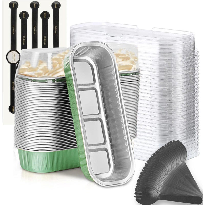 Findful Mini Loaf Baking Pans with Lids and Spoons (50 Pack, 6.8oz) Rectangle Aluminum Foil Baking Pans Tins Containers - Cupcake Containers Wrappers Cheesecake Creme Brulee Ramekins - Image 1