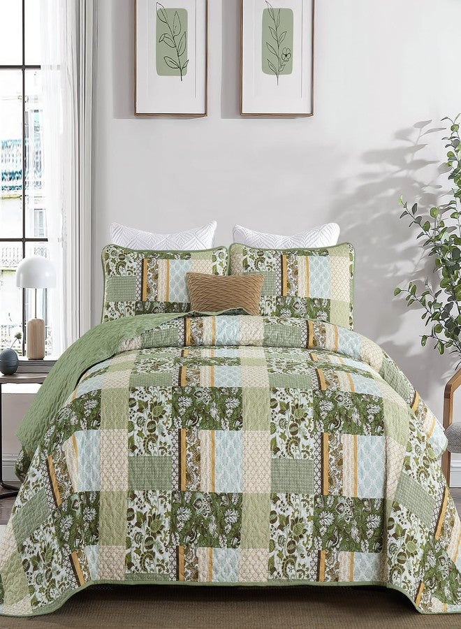 WONGS BEDDING طقم لحاف أخضر من وونغز بيدينغ، مقاس كينج، طقم غطاء سرير أخضر بنقشة مربعات، 3 قطع، طقم مفروشات صيفي ناعم من الألياف الدقيقة بنمط بوهيمي، يتضمن لحاف واحد و2 غطاء وسادة. - Image 2