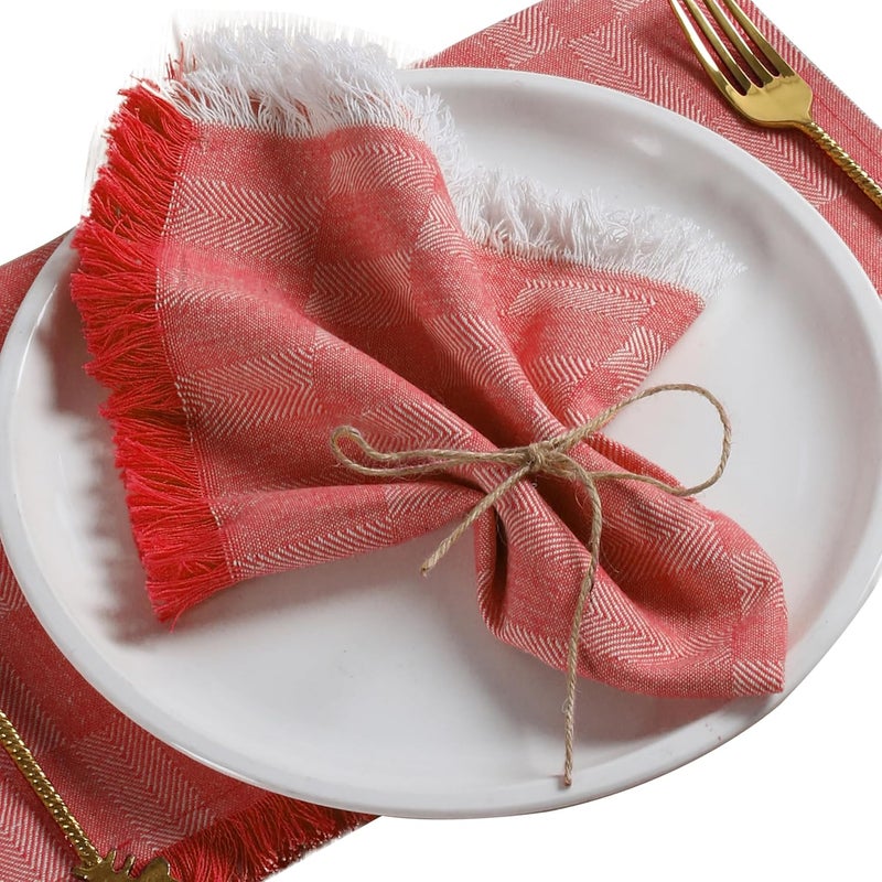 Native Fab Red Cloth Napkins with Fringes 16x16 Set of 12 Cotton Dinner Napkins Rustic Frayed Linen Napkins Washable and Reusable Herringbone Pattern Napkins for Everyday use Red - Image 1