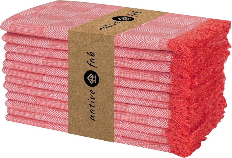 Native Fab Red Cloth Napkins with Fringes 16x16 Set of 12 Cotton Dinner Napkins Rustic Frayed Linen Napkins Washable and Reusable Herringbone Pattern Napkins for Everyday use Red - Image 3
