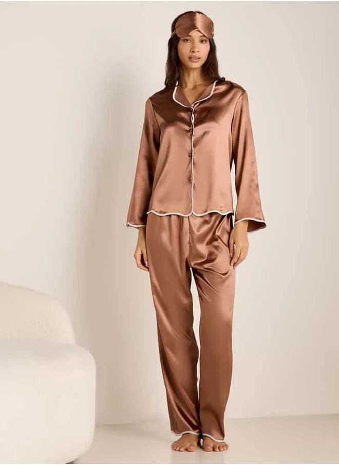 FAV Contrast Piping Satin Pyjama Set with Eye Mask
