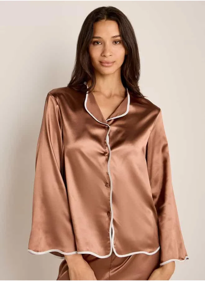 FAV Contrast Piping Satin Pyjama Set with Eye Mask
