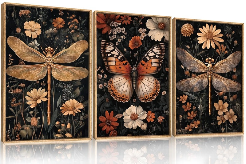Aryroi Large Vintage Butterfly and Dragonfly Wall Decor Framed Canvas Wall Art,Retro Dark Animal Floral Wall Decor, Moody Insect Wildflowers Botanical Artwork for Living Room,Bedroom,office-16 x24 x3 - Image 1