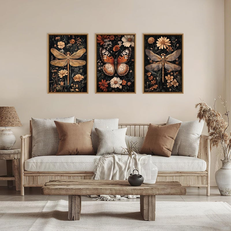 Aryroi Large Vintage Butterfly and Dragonfly Wall Decor Framed Canvas Wall Art,Retro Dark Animal Floral Wall Decor, Moody Insect Wildflowers Botanical Artwork for Living Room,Bedroom,office-16 x24 x3 - Image 2