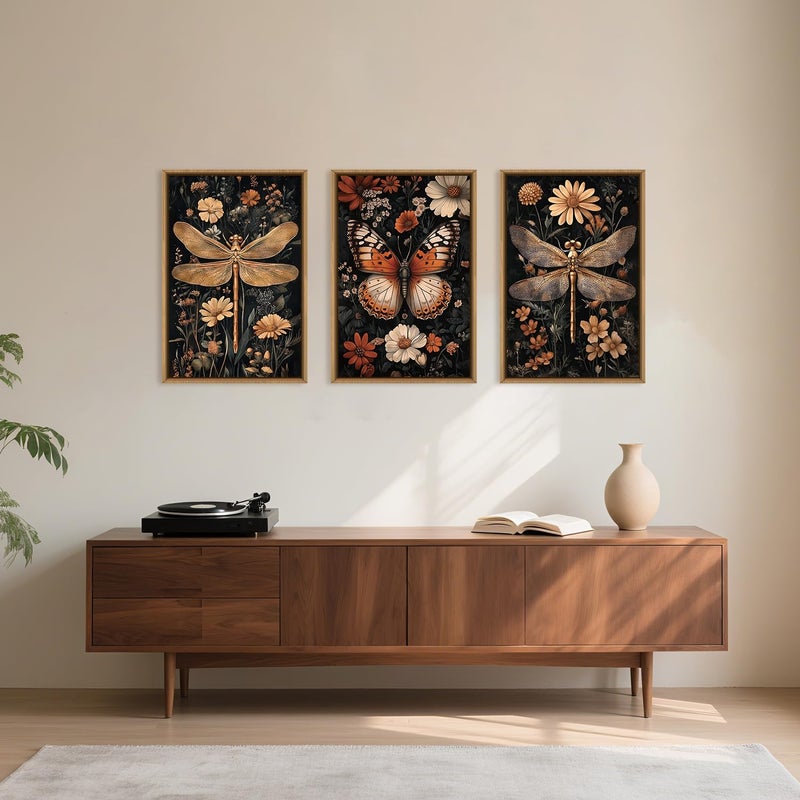 Aryroi Large Vintage Butterfly and Dragonfly Wall Decor Framed Canvas Wall Art,Retro Dark Animal Floral Wall Decor, Moody Insect Wildflowers Botanical Artwork for Living Room,Bedroom,office-16 x24 x3 - Image 3