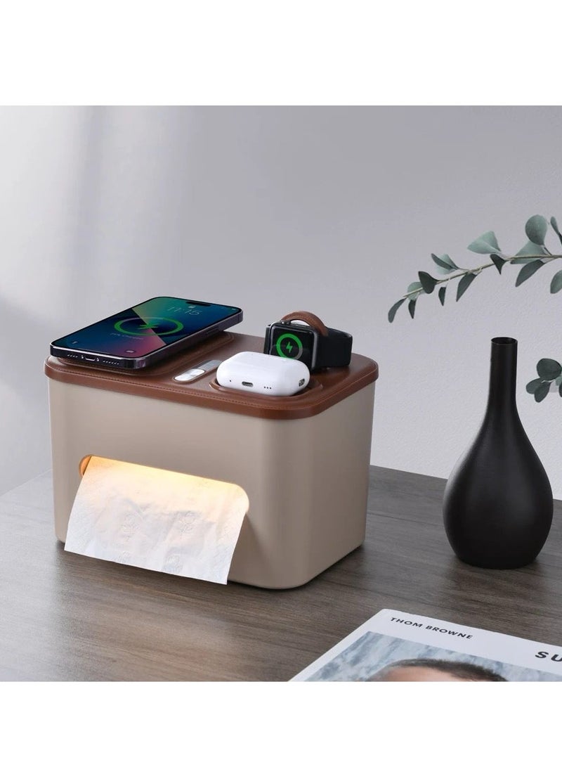 MOCOM 3-in-1 Charging Station for iPhone 17/16/15/14/13/12 Series, AirBuds Pro, and Apple Watch: Multifunctional Night Light with Tissue Storage Box - Image 1
