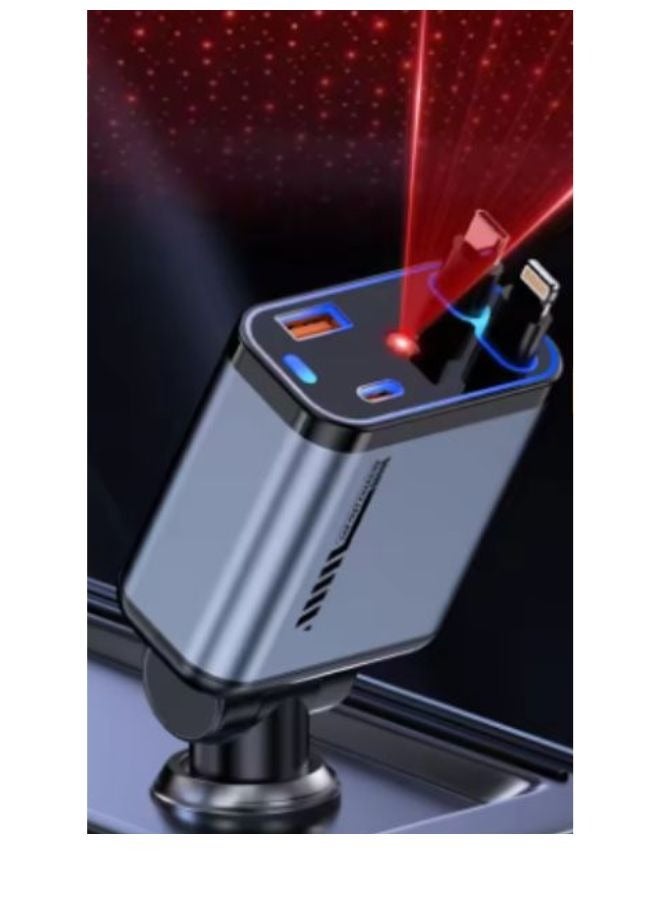 سمارتكس شاحن سيارة 4 في 1 قابل للسحب مزود بجهاز عرض النجوم ومصباح LED، شاحن سريع للهاتف، شاحن هاتف سيارة قابل للسحب مع كابلات قابلة للسحب للهاتف - Image 1