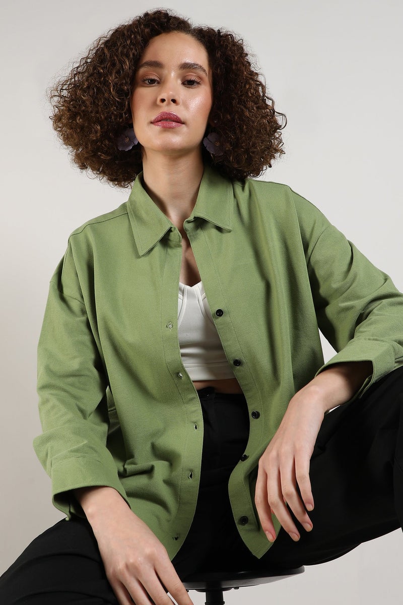 Campus Sutra Women's Pistachio Green Solid Boxy Shirt - Image 2