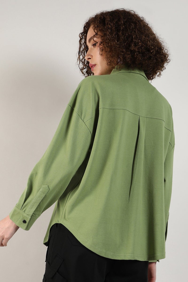 Campus Sutra Women's Pistachio Green Solid Boxy Shirt - Image 5