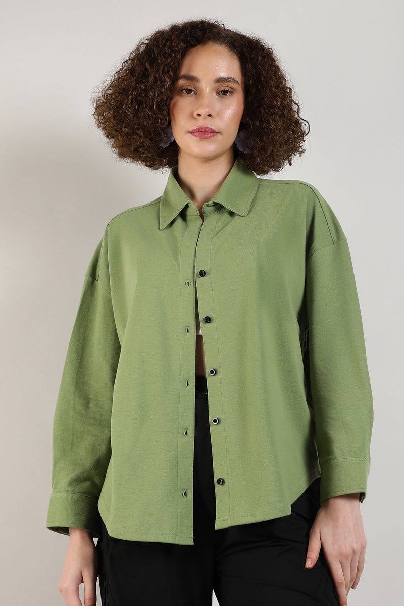 Campus Sutra Women's Pistachio Green Solid Boxy Shirt - Image 1