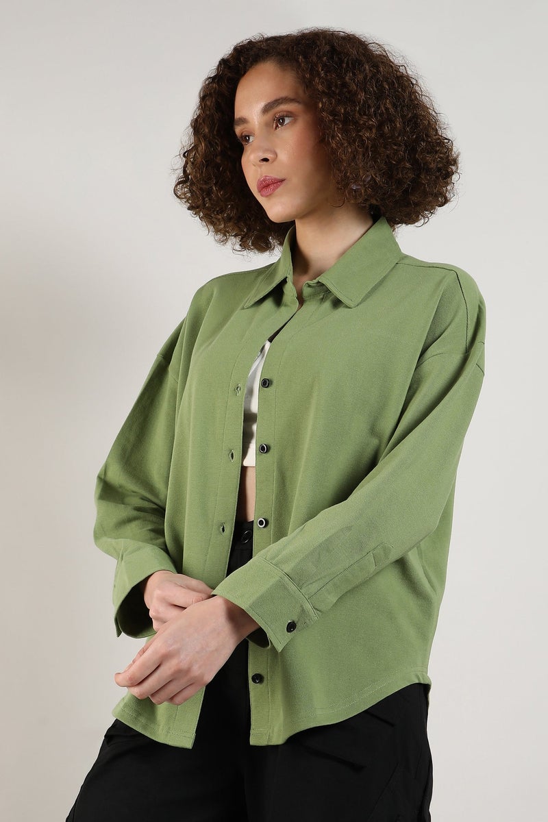 Campus Sutra Women's Pistachio Green Solid Boxy Shirt - Image 3