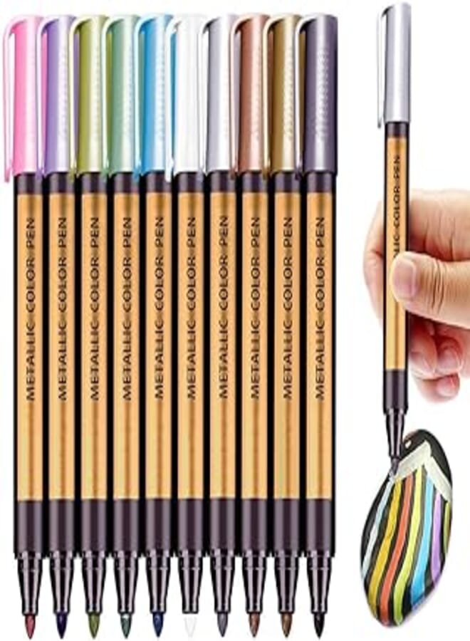 PANDAFLY Metallic Marker Pens, Set of 10 Medium Point Metallic Markers for Black Paper, Rock Painting, Scrapbooking Crafts, Card Making, Ceramics, DIY Photo Album