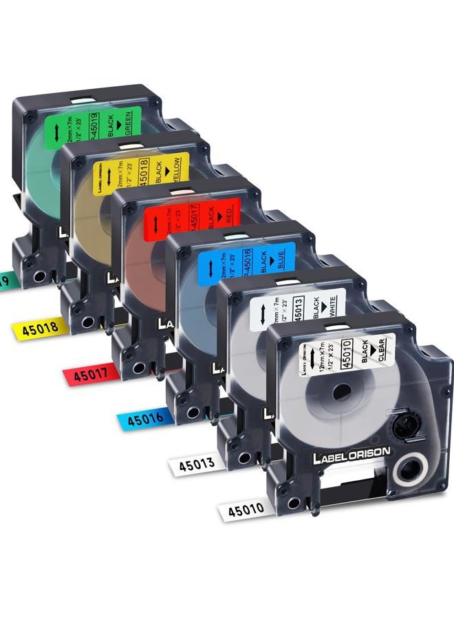 Label Orison مجموعة ألوان شريط الملصقات Dymo D1 المتوافقة 45013 45010 45016 45017 45018 45019 12 مم 1/2 بوصة لمدير الملصقات 160 280 210D 420P PnP 360D، 6 خراطيش - Image 1