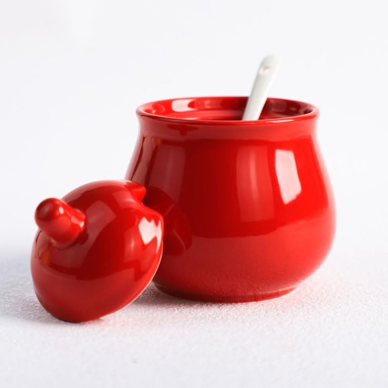 FUYU Ceramic Sugar Bowl Spice Jar with Lid and Spoon Seasoning Box Condiment Pot - Image 3
