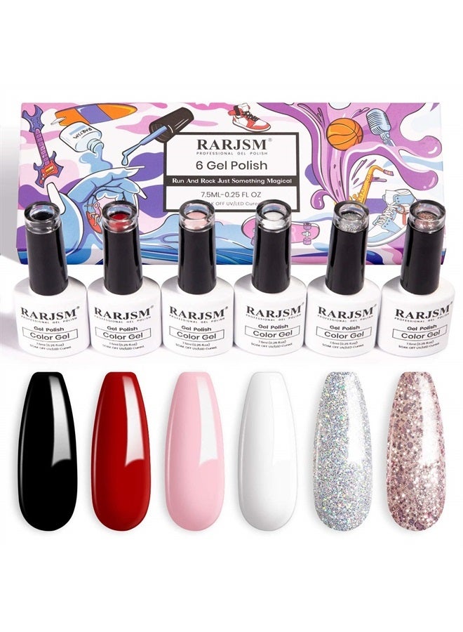 RARJSM Gel Nail Polish Kit, Glitter Rose Gold Silver Gel Polish, Pastel Pink Classic Red Black White Nail Polish Set, Curing Required Nail Art Manicure Salon 7.5ML Each Bottle - Image 1