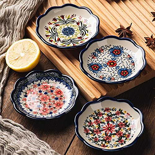 Sizikato 4pcs Porcelain Appetizer Plate, 4-Inch Snack Plate Sauce Dipping Saucer, Exotic Flower Pattern - Image 3