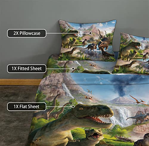 NiuOne 4Pcs Dinosaurs Bed Sheets Set Queen for Boys 3D Realistic Dinosaur Green Fitted Sheets Set Ancient Dinosaur Theme KidsAdultsTeens Bedroom Bedding Sheet SetQueen Size - Image 3