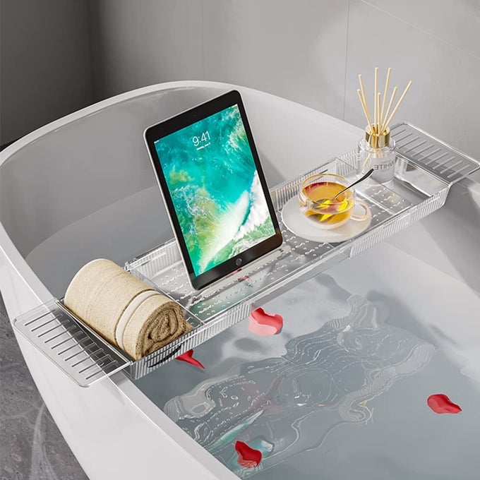 BATHTUB CADDY TRAY ADJUSTABLE BATH TRAY FOR TUB BATH ACCESSORIES TUB CADDY FOR BATHROOM LUXURY SPA EXPANDABLE SIZE BATH TUB ORGANIZER WITH ANTISLIP MAT FITS MOST TUBS