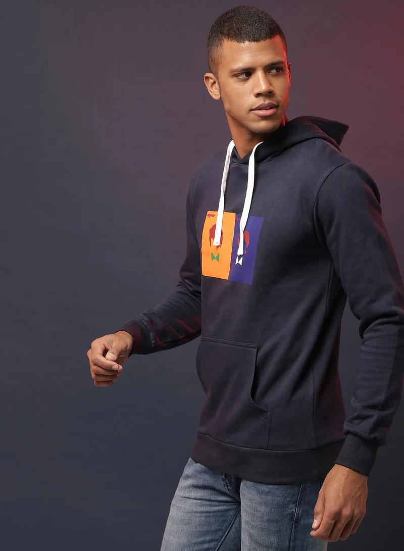 Campus Sutra Men's Prussian Blue Neymar-Messi Print Pullover Hoodie