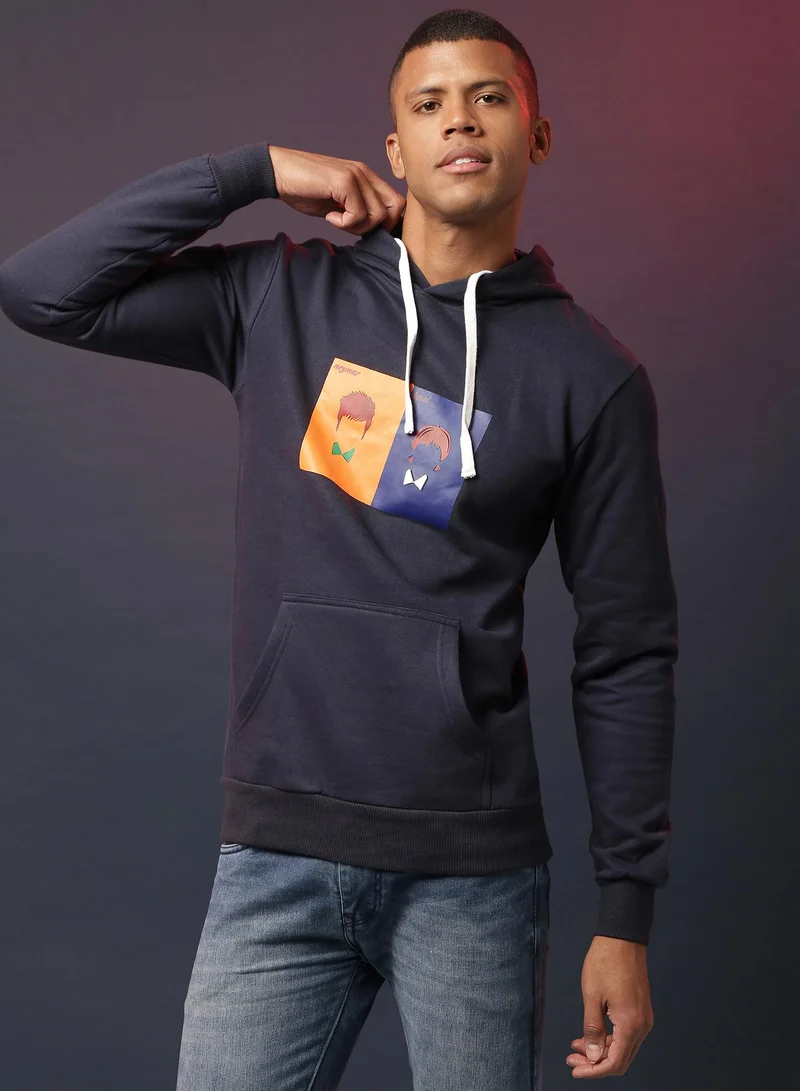 Campus Sutra Men's Prussian Blue Neymar-Messi Print Pullover Hoodie