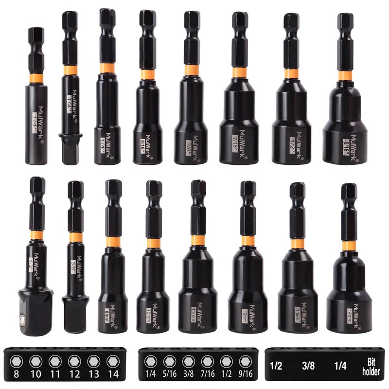 MulWark Magnetic Nut Driver Set 16 pcs Impact Driver Bit Set - Deep 1/4” Hex Shank Drill Bit Set - Impact Socket Adapters - Bit Extension Quick Change Torx Bit Set - Image 2